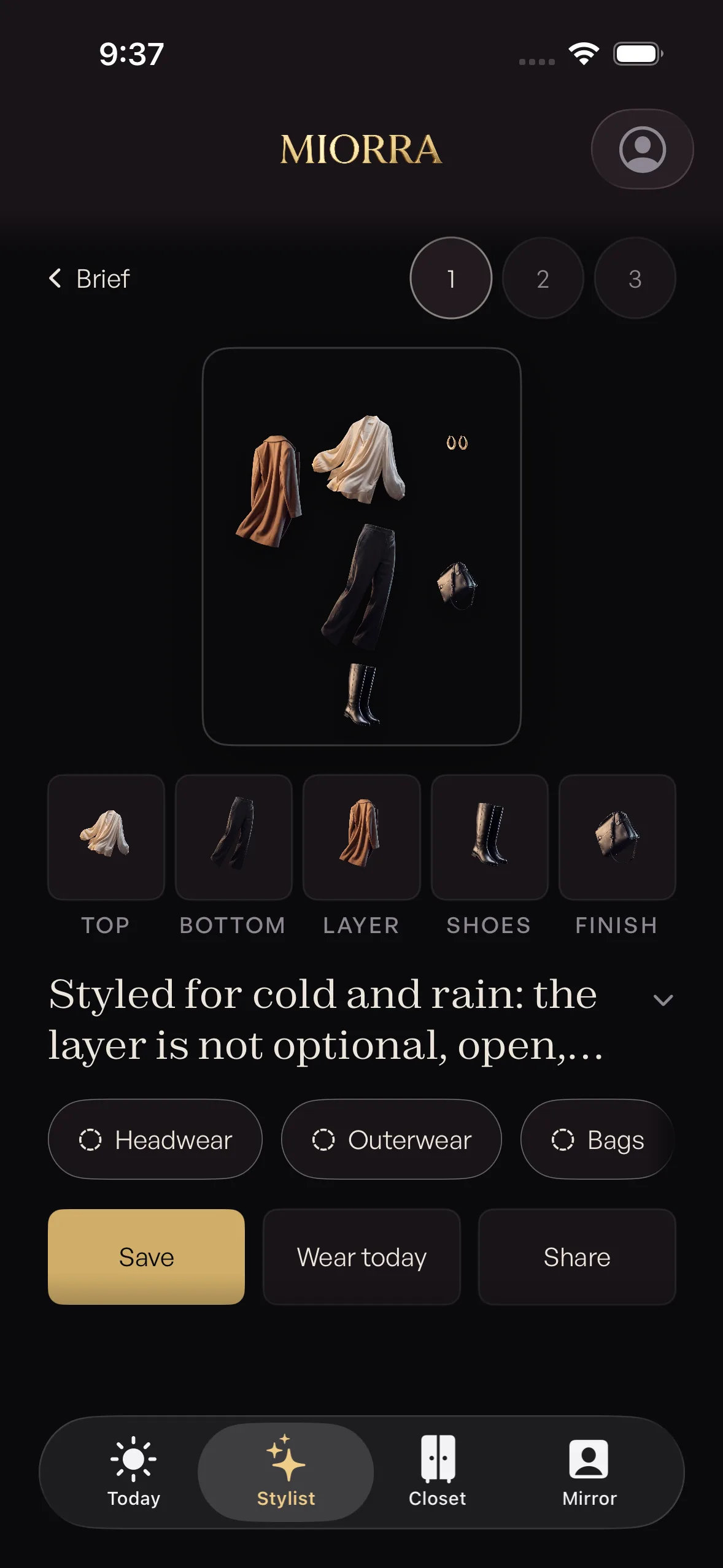 Miorra Stylist screen with a composed outfit of an ivory silk blouse, charcoal trousers, camel coat, and black knee boots