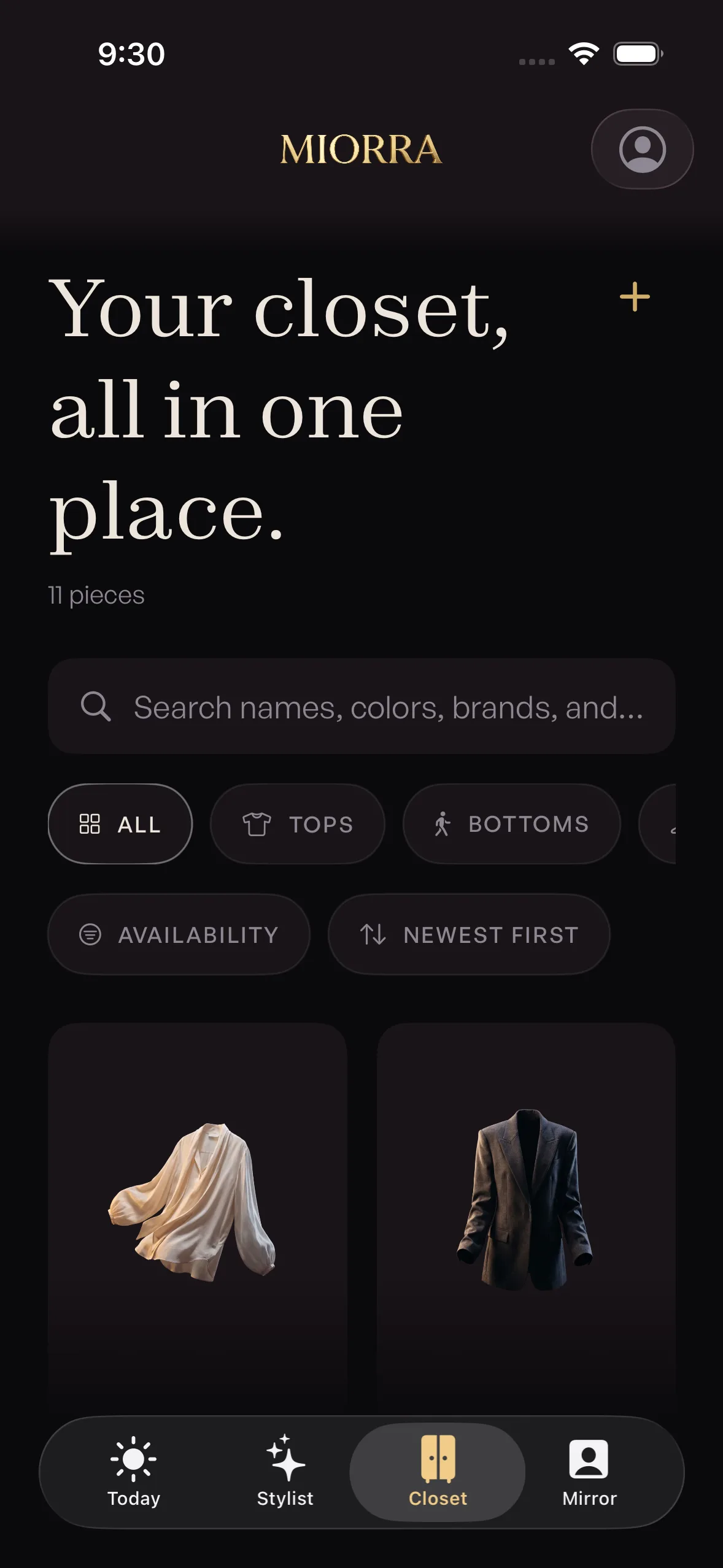 Miorra Closet screen showing digitized garments organized together in one wardrobe