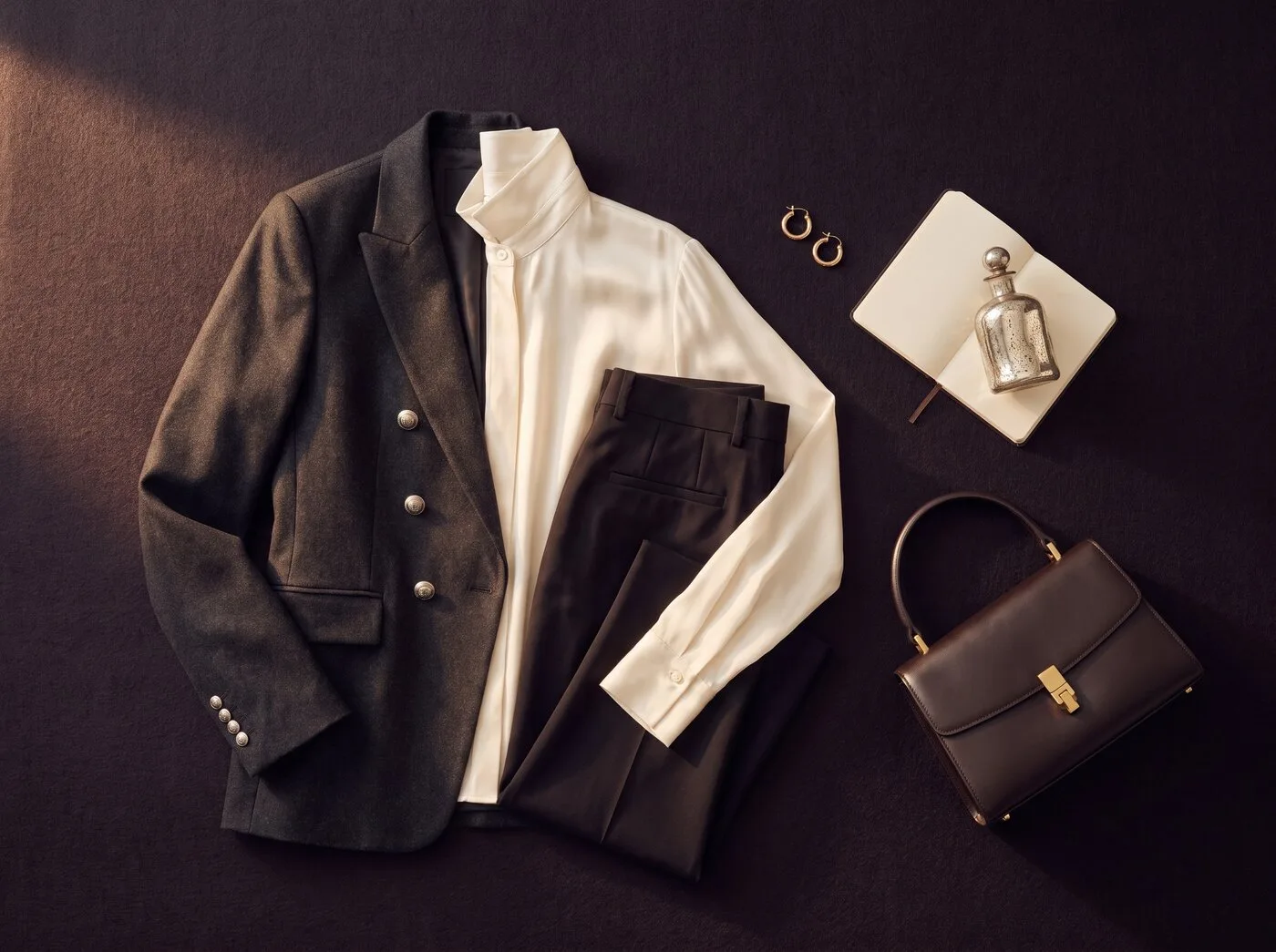 The quiet entrance. composed from garments and accessories on a dusk-toned surface