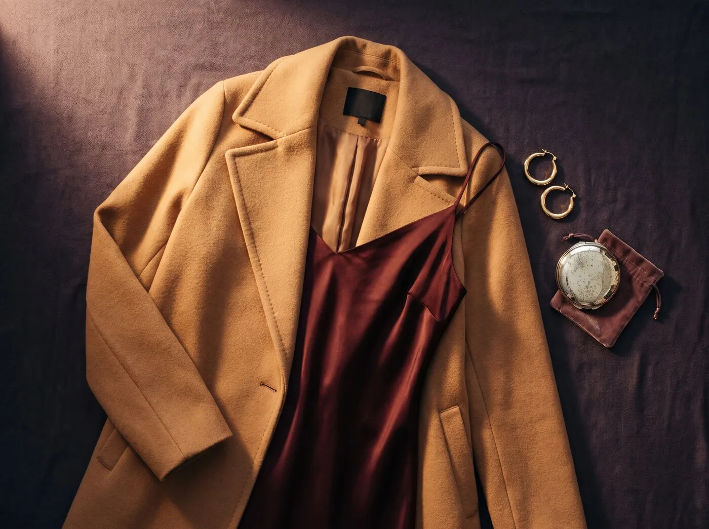 The last-light layer. composed from garments and accessories on a dusk-toned surface